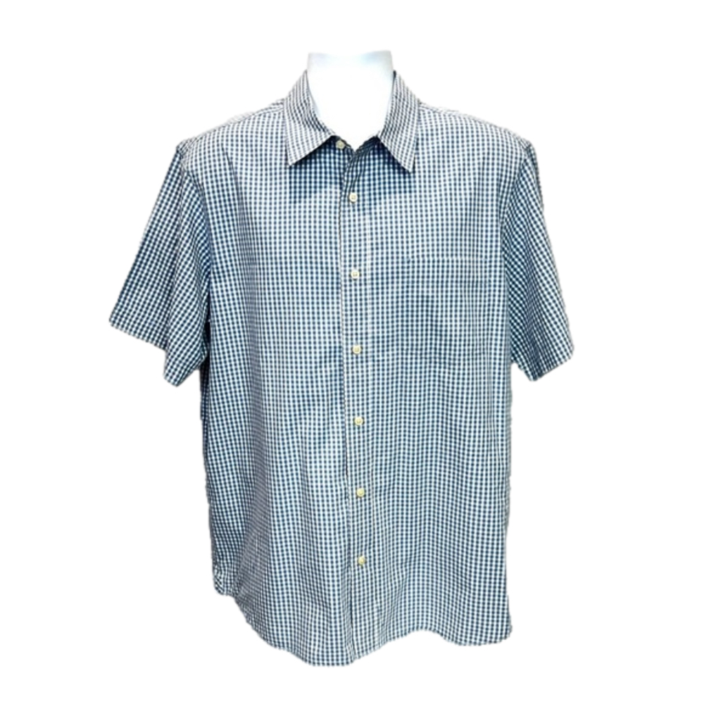 Eddie Bauer Men’s Short Sleeve Plaid Button Down Blue and White Shirt Size L